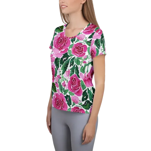 Magenta Rose Garden on a Women's Athletic T-Shirt