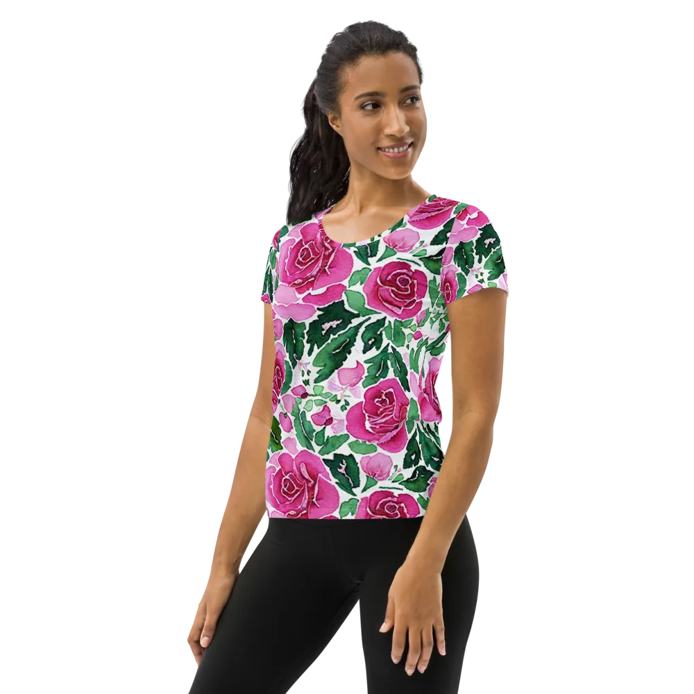 Magenta Rose Garden on Women's Athletic T-Shirt — Left