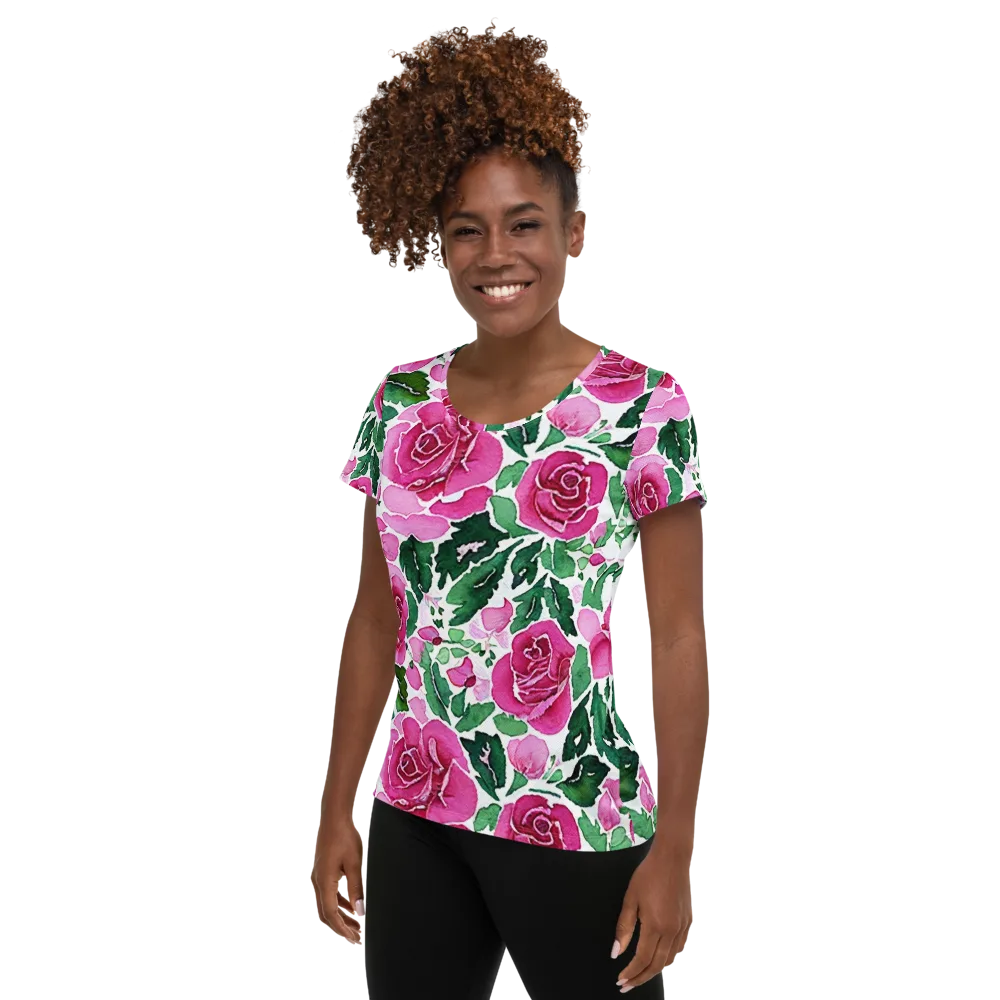 Magenta Rose Garden on Women's Athletic T-Shirt — Left
