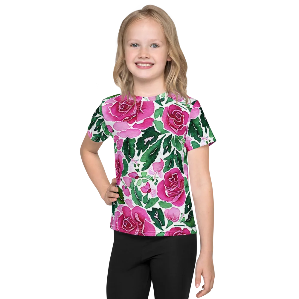 Magenta Rose Garden on Kids Crew Neck T-Shirt — Front