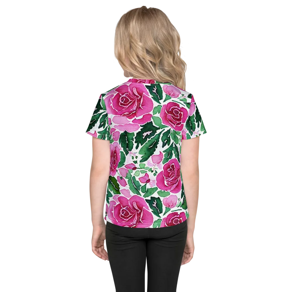 Magenta Rose Garden on Kids Crew Neck T-Shirt — Back