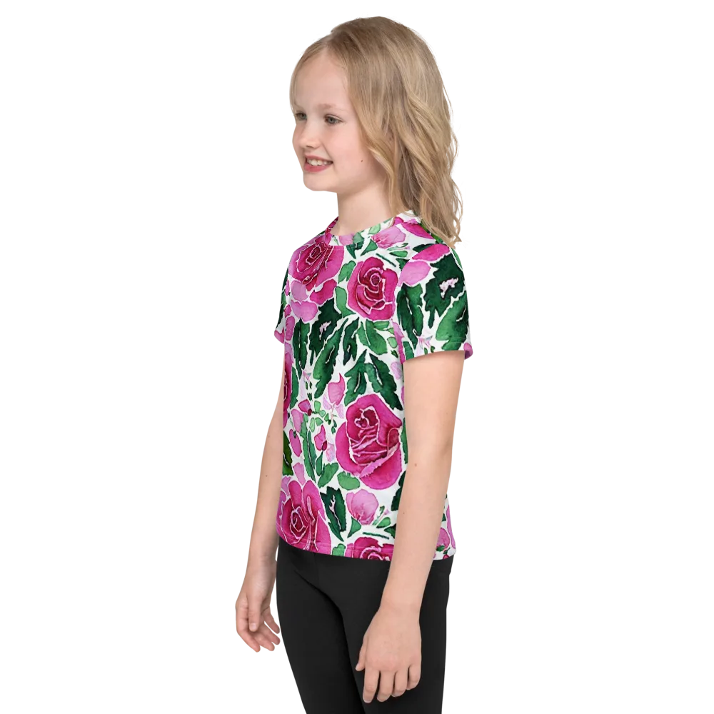 Magenta Rose Garden on Kids Crew Neck T-Shirt — Left