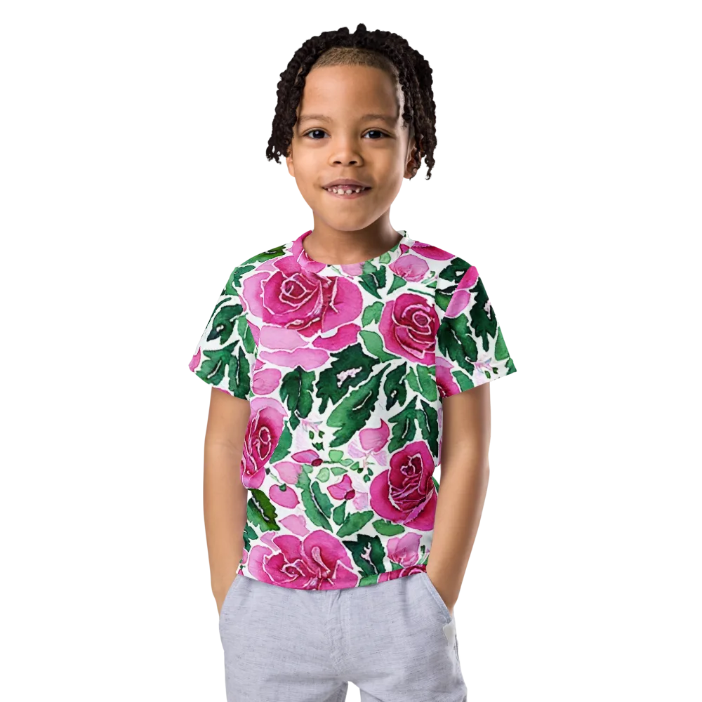 Magenta Rose Garden on Kids Crew Neck T-Shirt — Front