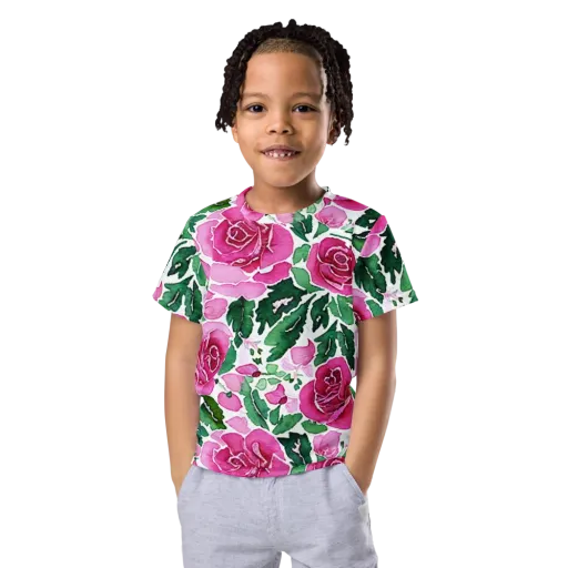 Magenta Rose Garden on a Kids Crew Neck T-Shirt