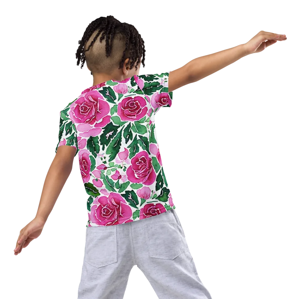 Magenta Rose Garden on Kids Crew Neck T-Shirt — Back