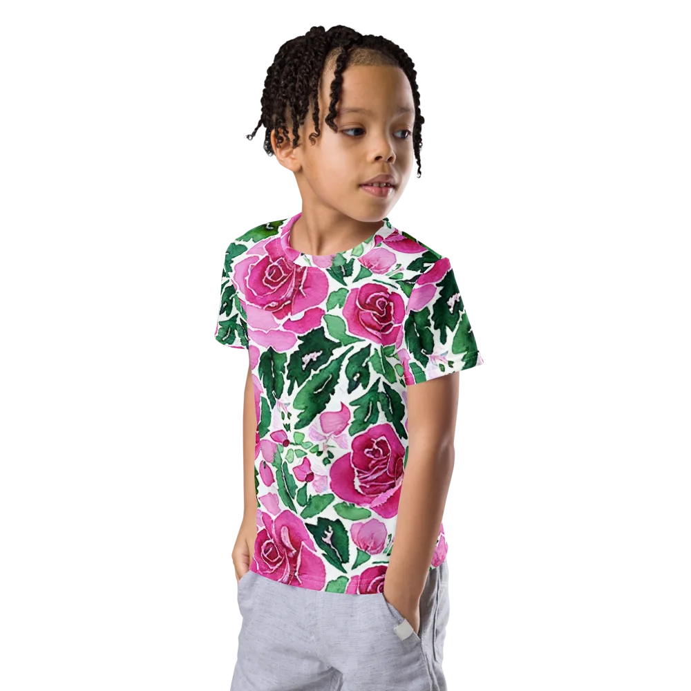 Magenta Rose Garden on Kids Crew Neck T-Shirt — Left Front