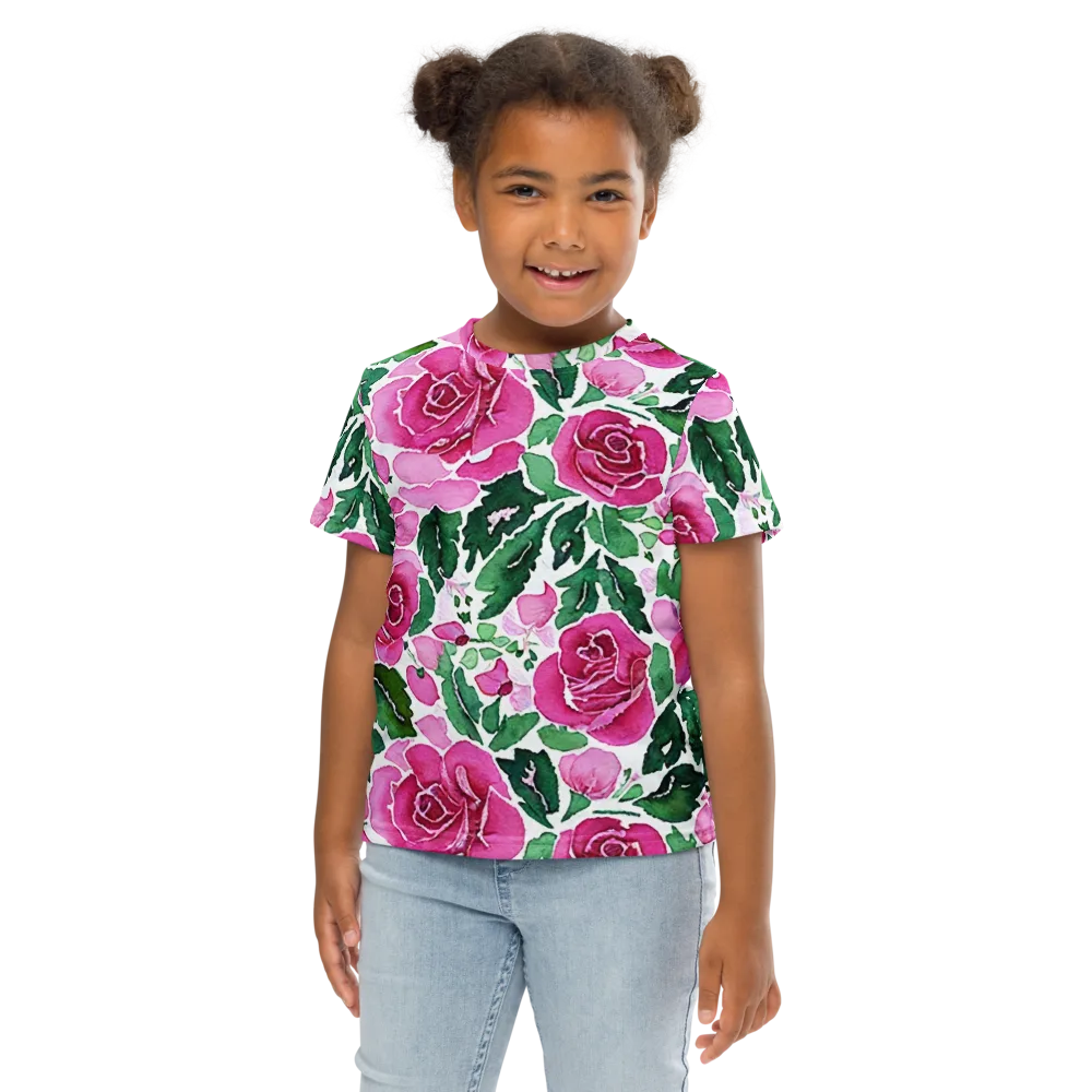 Magenta Rose Garden on Kids Crew Neck T-Shirt — Front