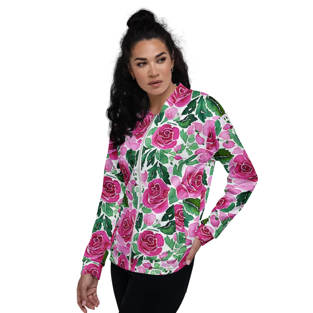 Magenta Rose Garden on Bomber Jacket — Left
