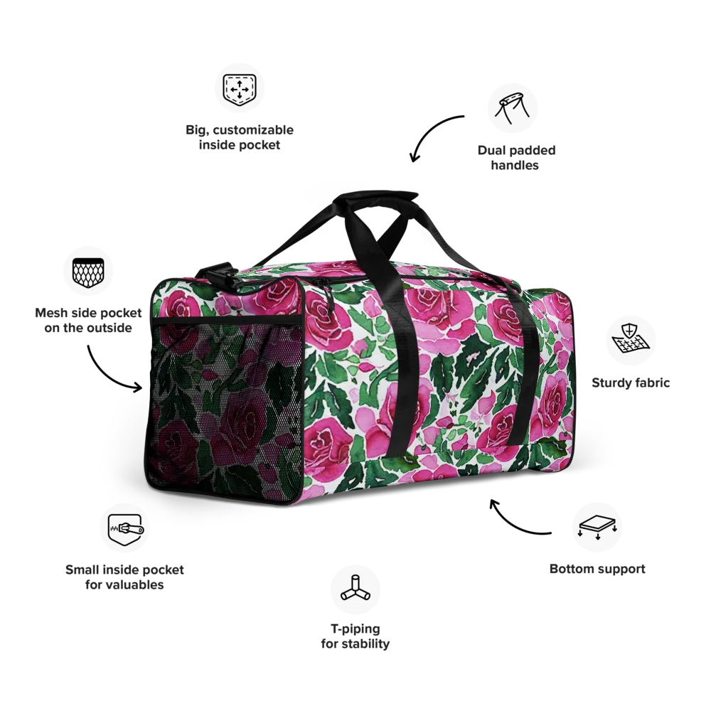 Magenta Rose Garden on Duffle Bag — Right Front