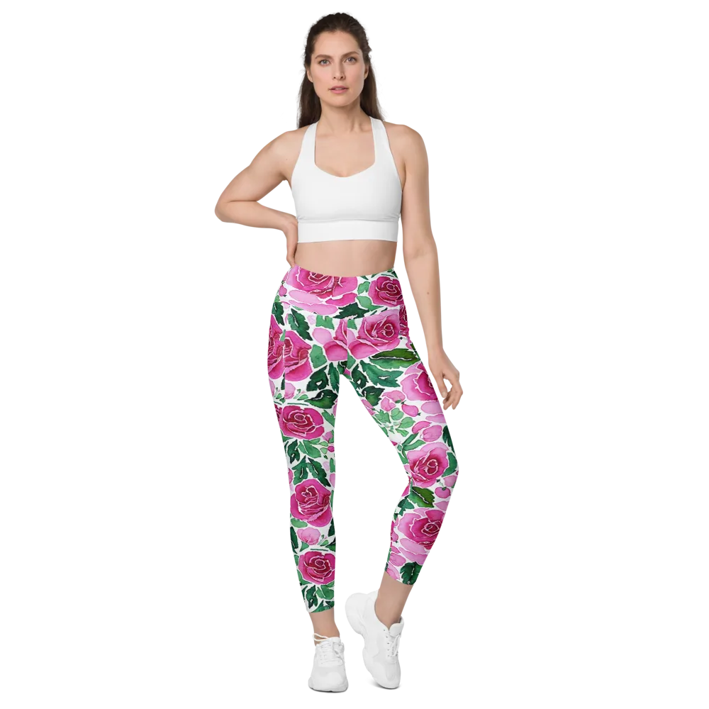 Magenta Rose Garden on Leggings with Pockets — Front