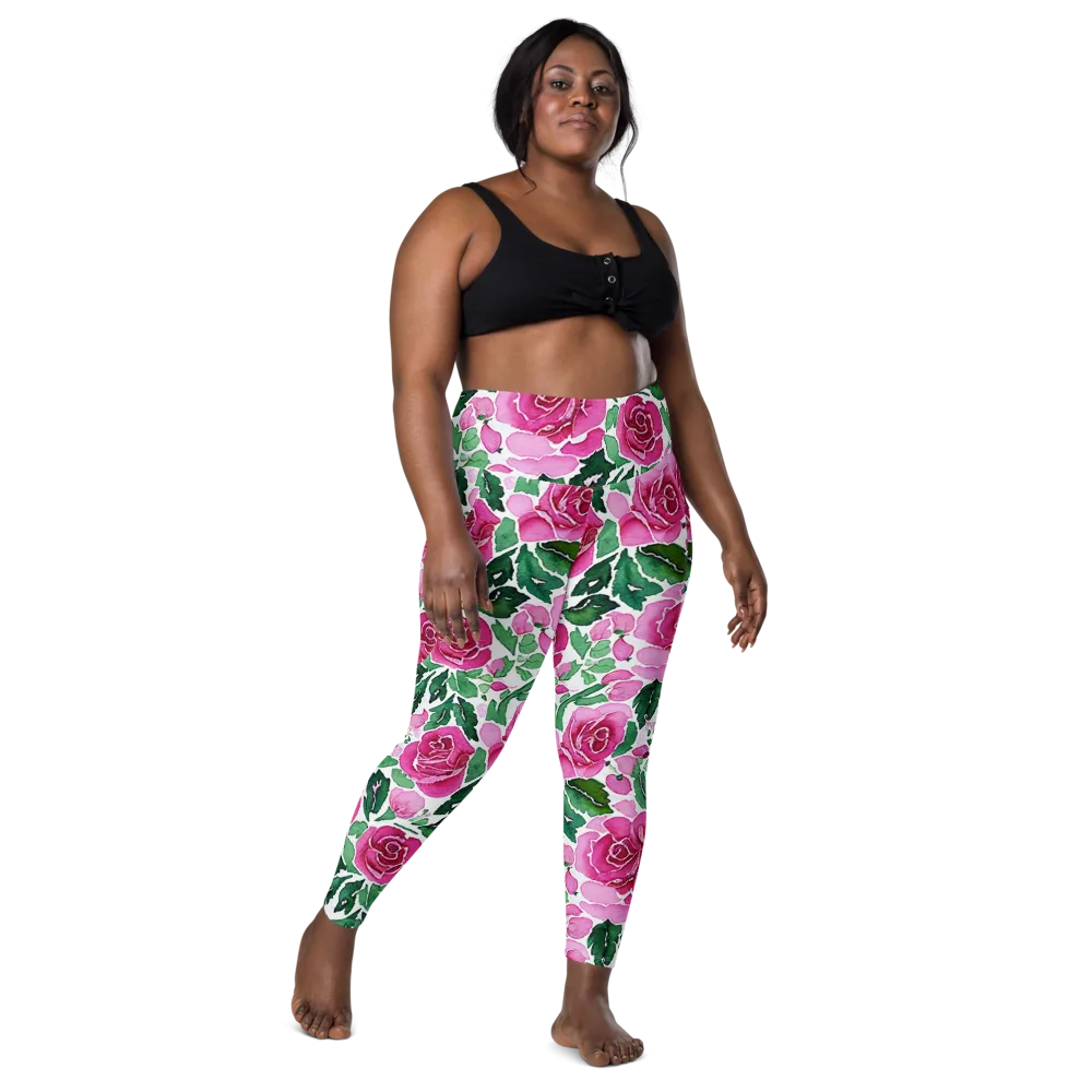 Magenta Rose Garden on Leggings with Pockets — Front