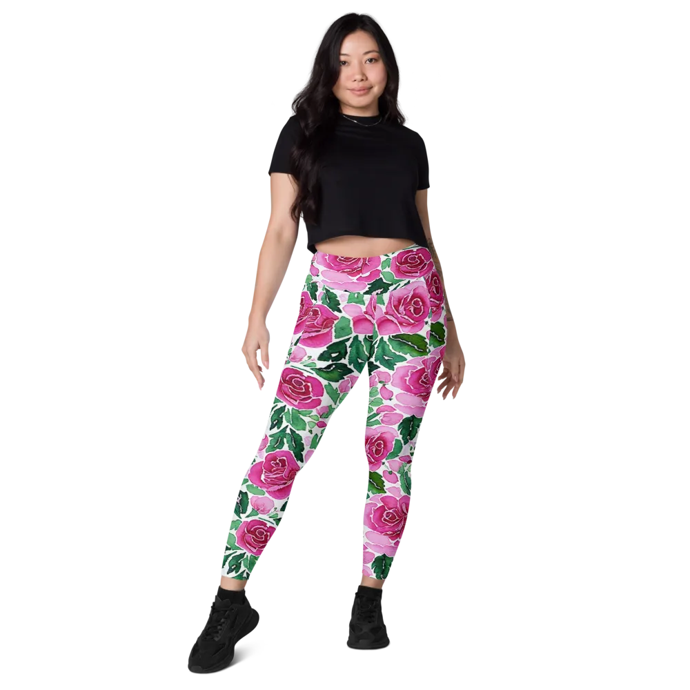 Magenta Rose Garden on Leggings with Pockets — Front