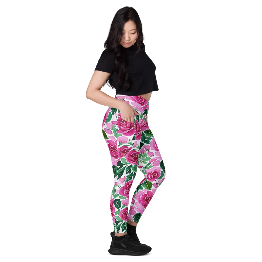 Magenta Rose Garden on Leggings with Pockets — Right
