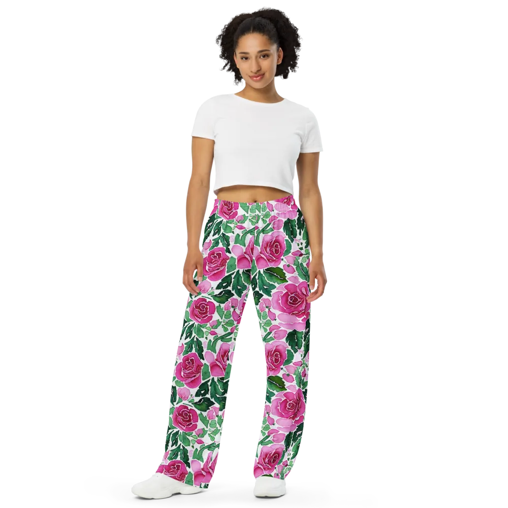 Magenta Rose Garden on Wide-Leg Pants — Front
