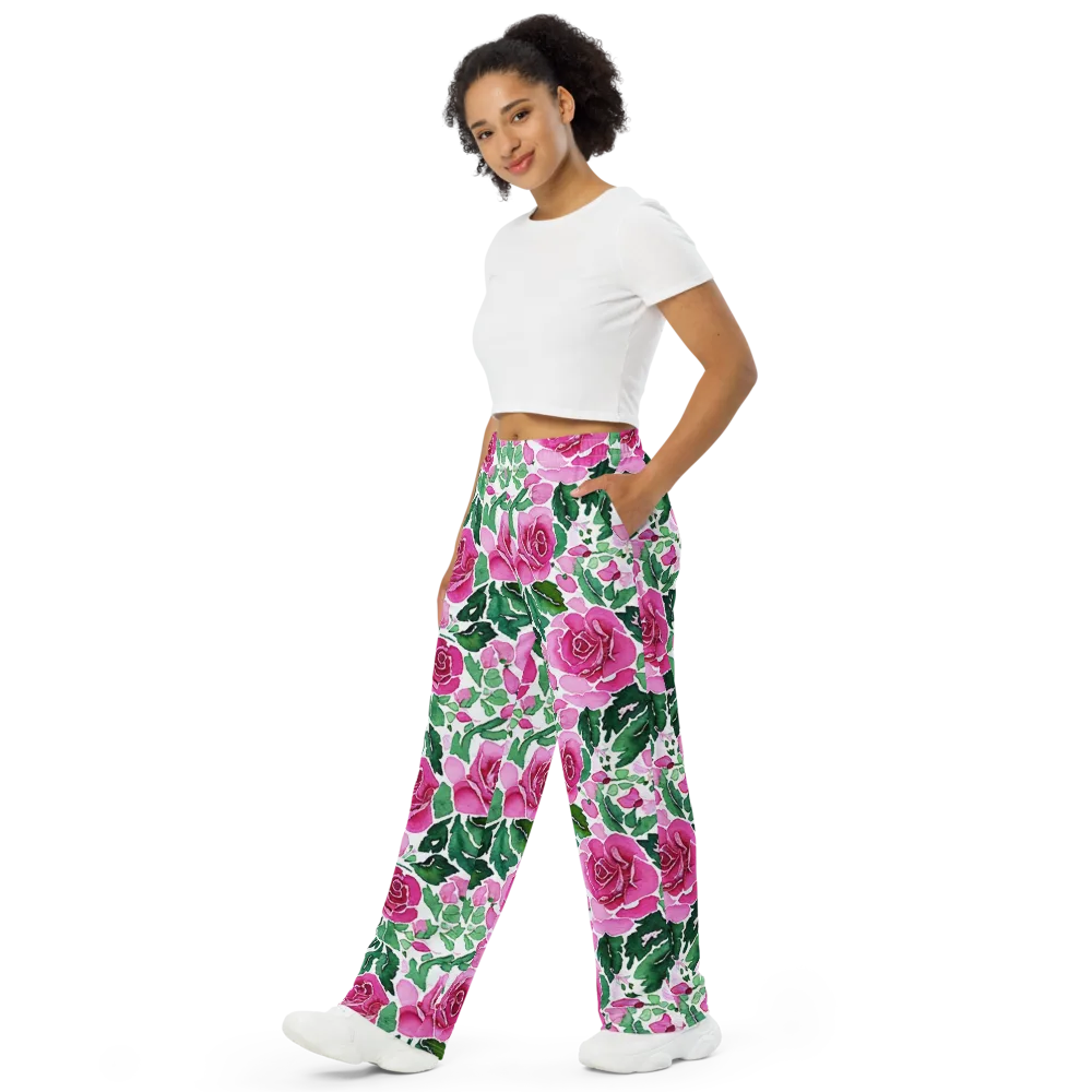 Magenta Rose Garden on Wide-Leg Pants — Left Front