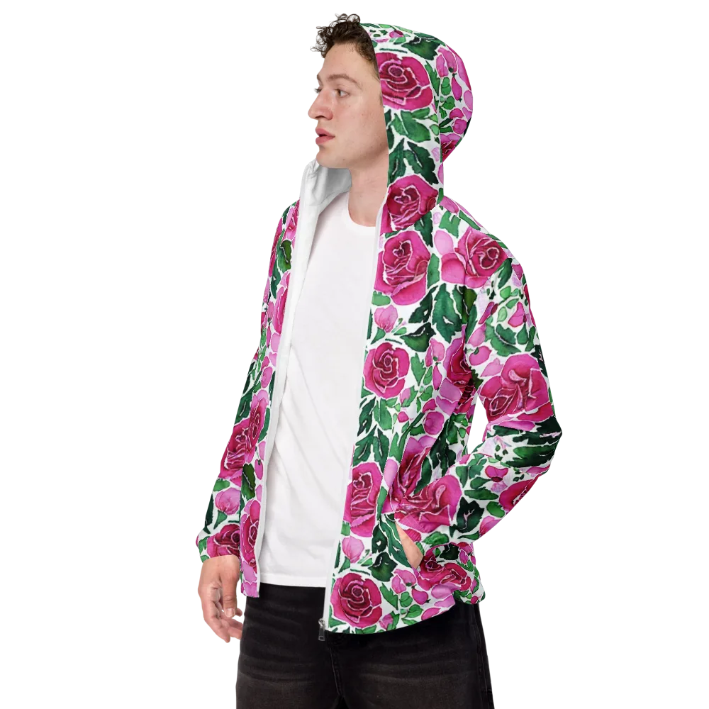 Magenta Rose Garden on Men's Windbreaker — Left Front