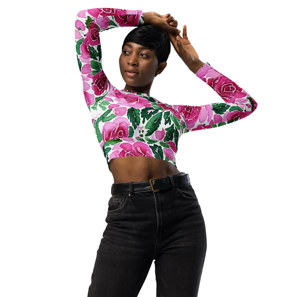 Magenta Rose Garden on Long Sleeve Crop Top — Front