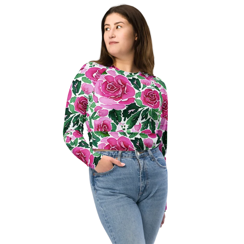 Magenta Rose Garden on Long Sleeve Crop Top — Front