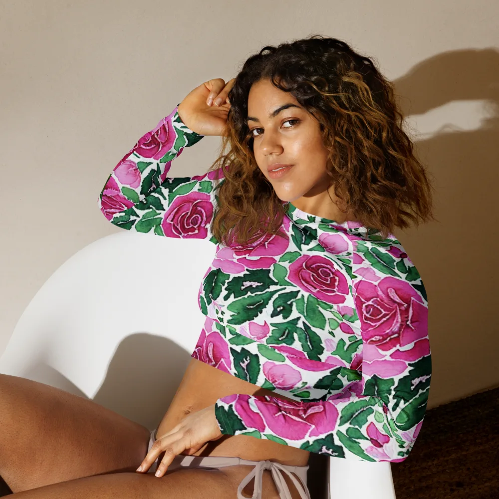 Magenta Rose Garden on Long Sleeve Crop Top — Left Front