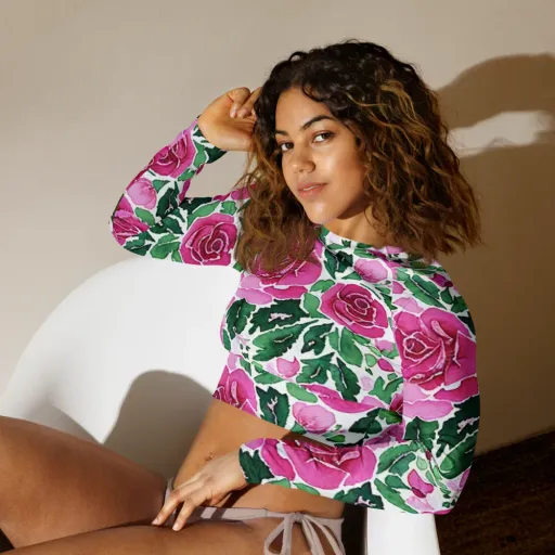 Magenta Rose Garden on a Long Sleeve Crop Top