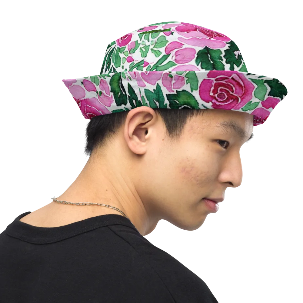 Magenta Rose Garden on Reversible Bucket Hat — Right Outside