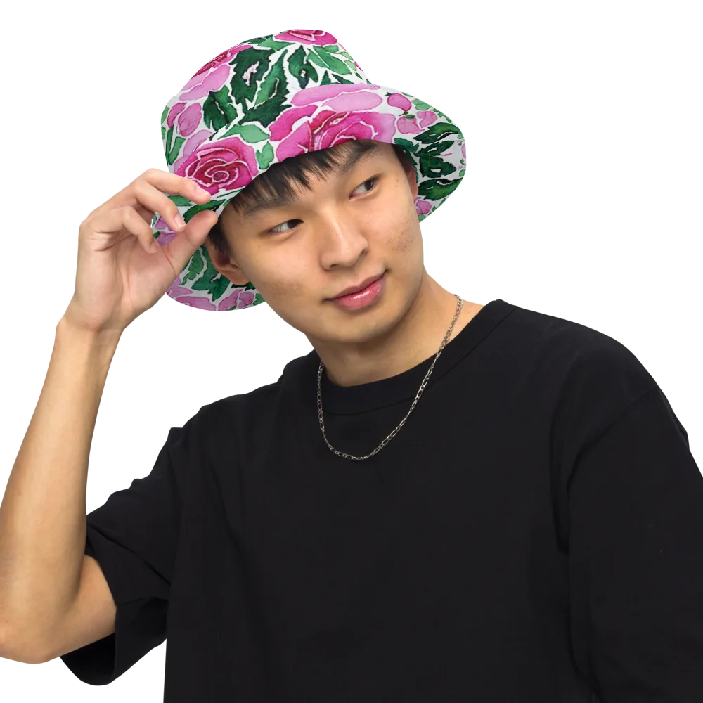 Magenta Rose Garden on Reversible Bucket Hat — Front Inside