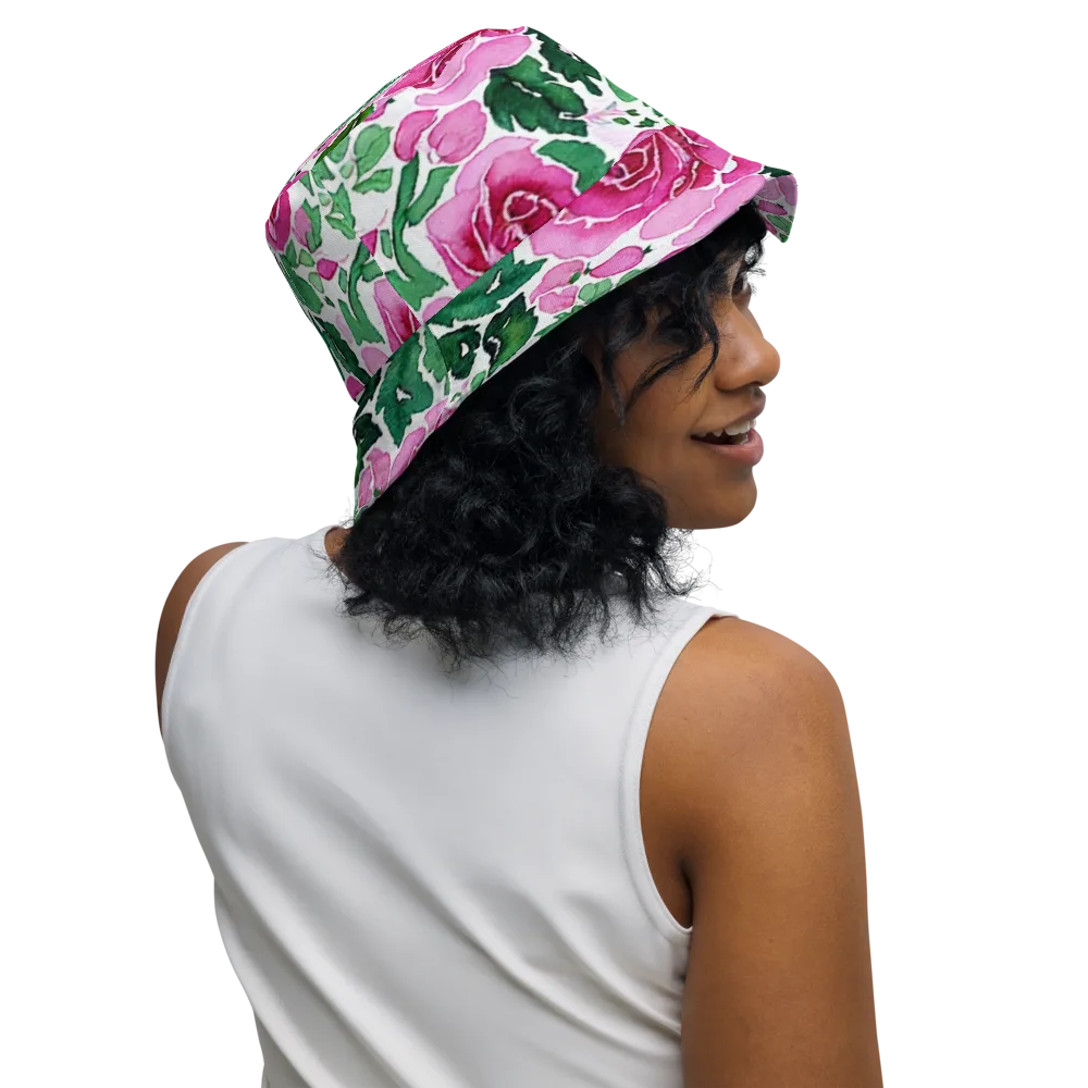 Magenta Rose Garden on Reversible Bucket Hat — Right Outside