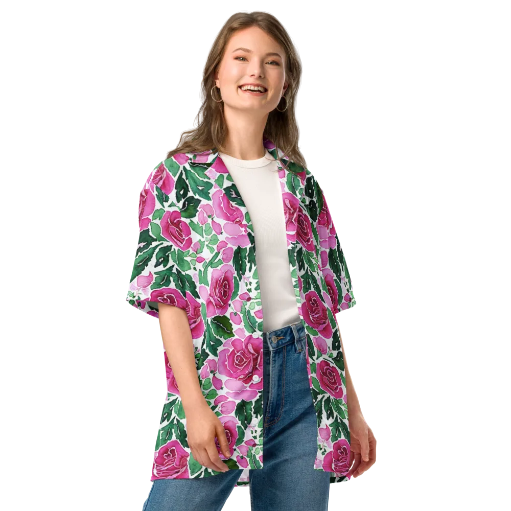 Magenta Rose Garden on Button Shirt — Front