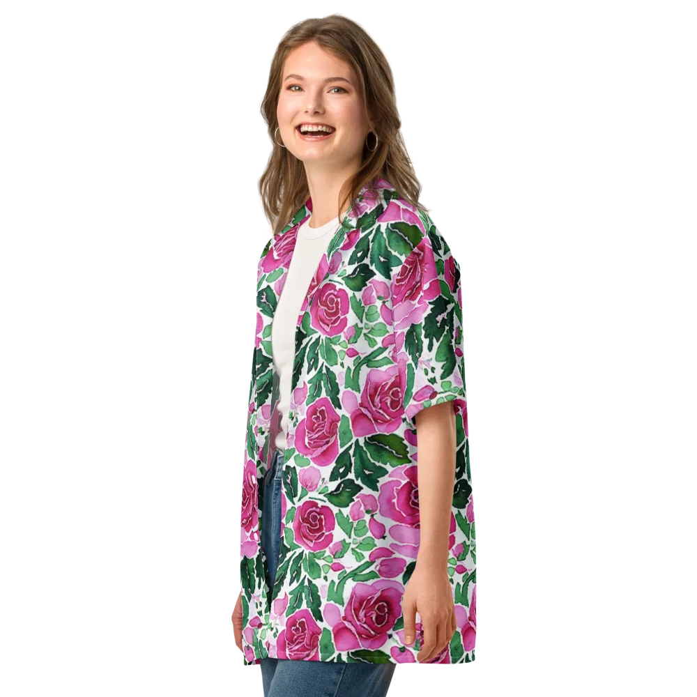 Magenta Rose Garden on Button Shirt — Left Front