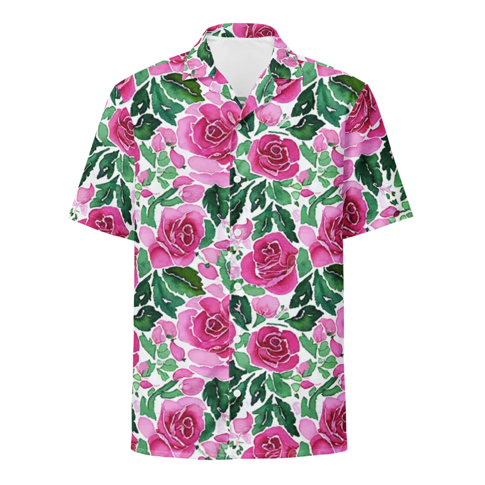 Magenta Rose Garden on Button Shirt — Front