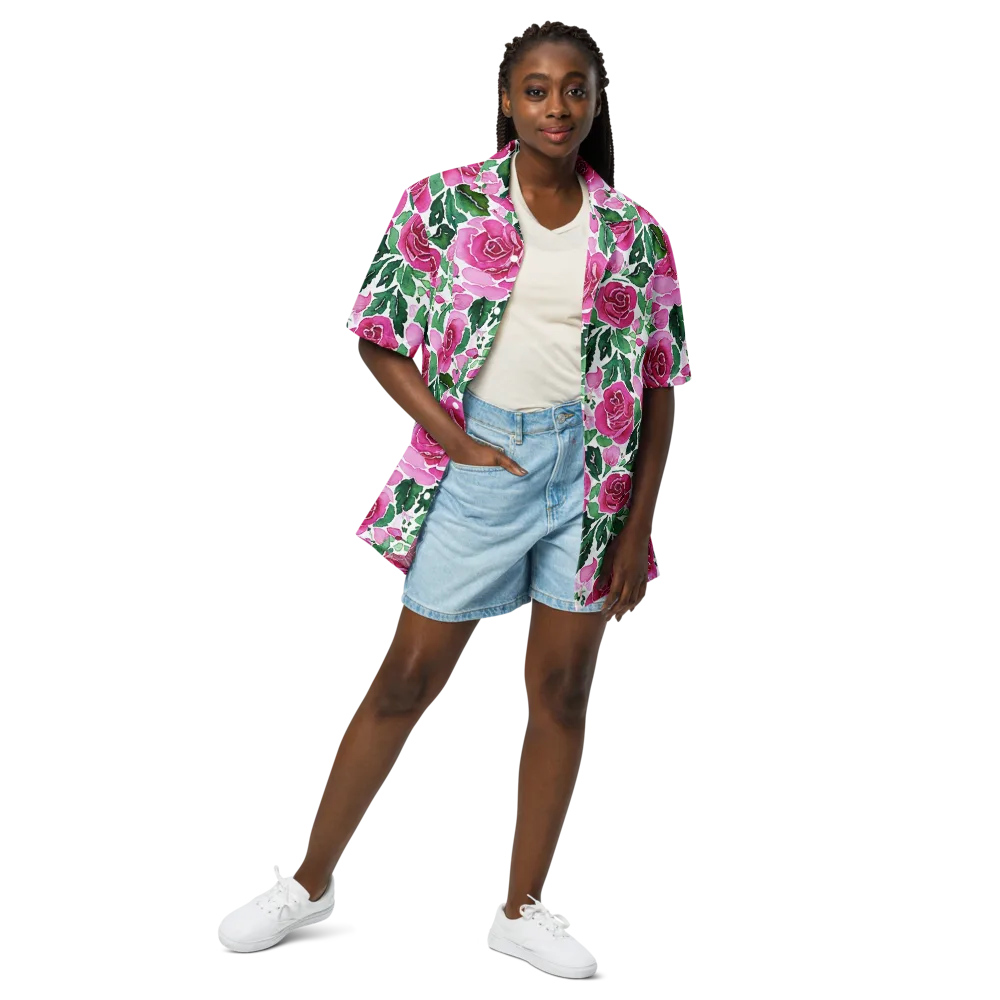 Magenta Rose Garden on Button Shirt — Front