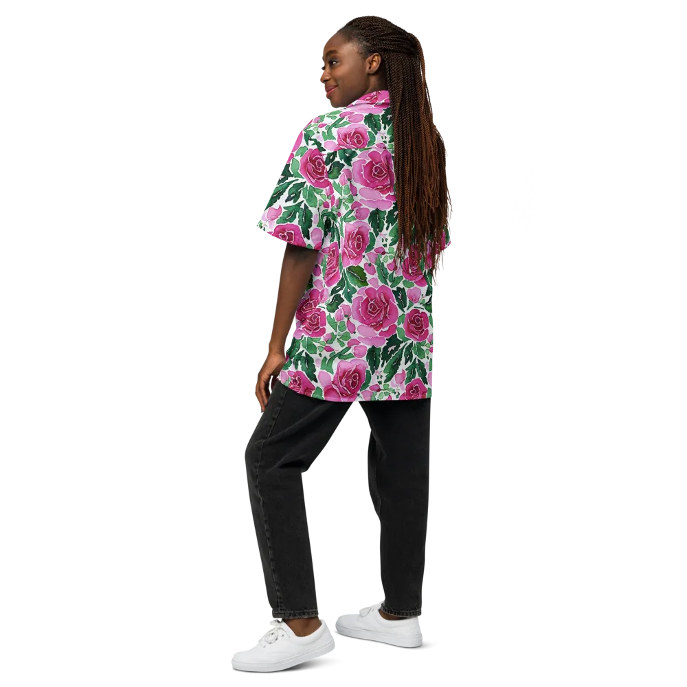 Magenta Rose Garden on Button Shirt — Back