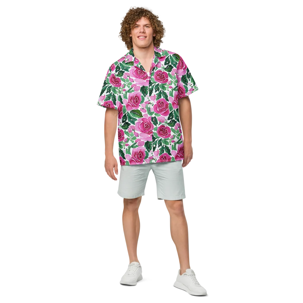Magenta Rose Garden on Button Shirt — Front