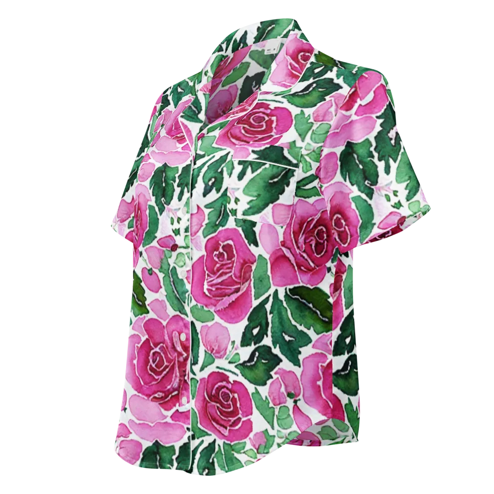 Magenta Rose Garden on Women's Short Sleeve Pajama Top — Left Front