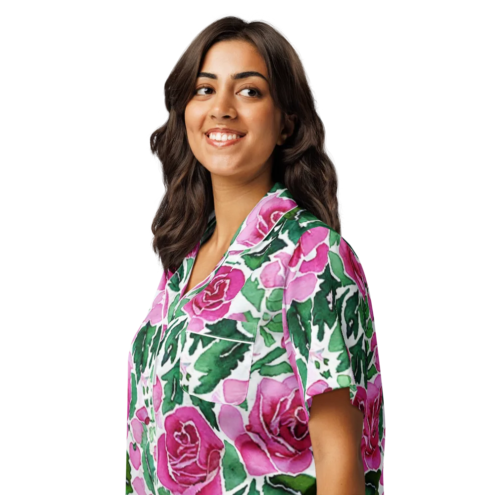 Magenta Rose Garden on Women's Short Sleeve Pajama Top — Left Front