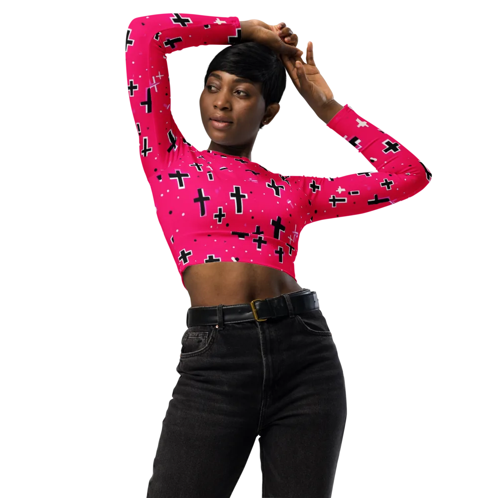 Hot Pink Revival on Long Sleeve Crop Top — Front