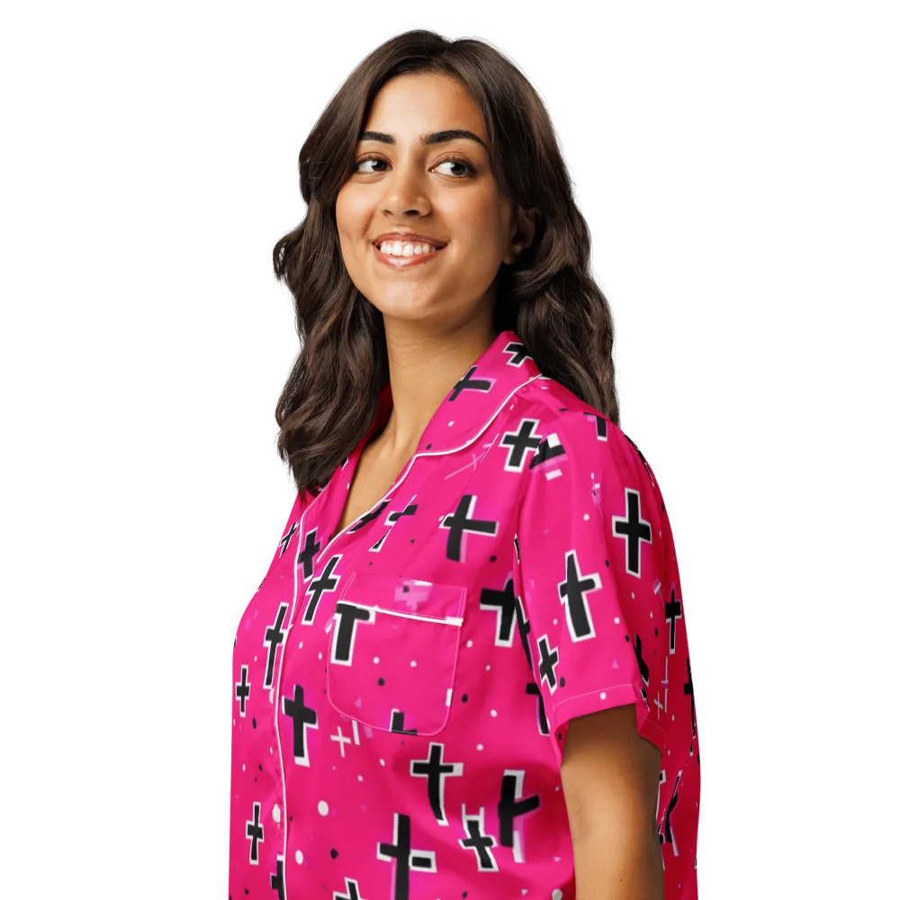 Hot Pink Revival on Women's Short Sleeve Pajama Top — Left Front
