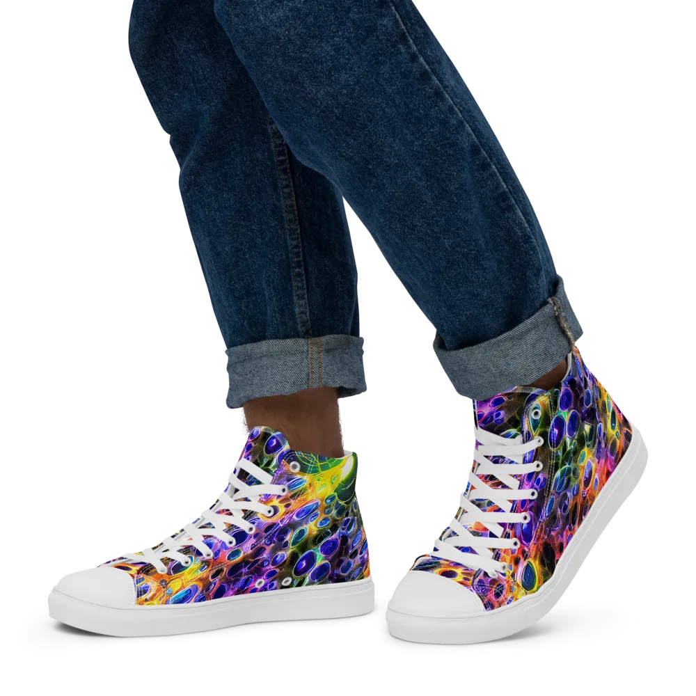 Neon Orbits on Men's High Top Canvas Shoes — Left