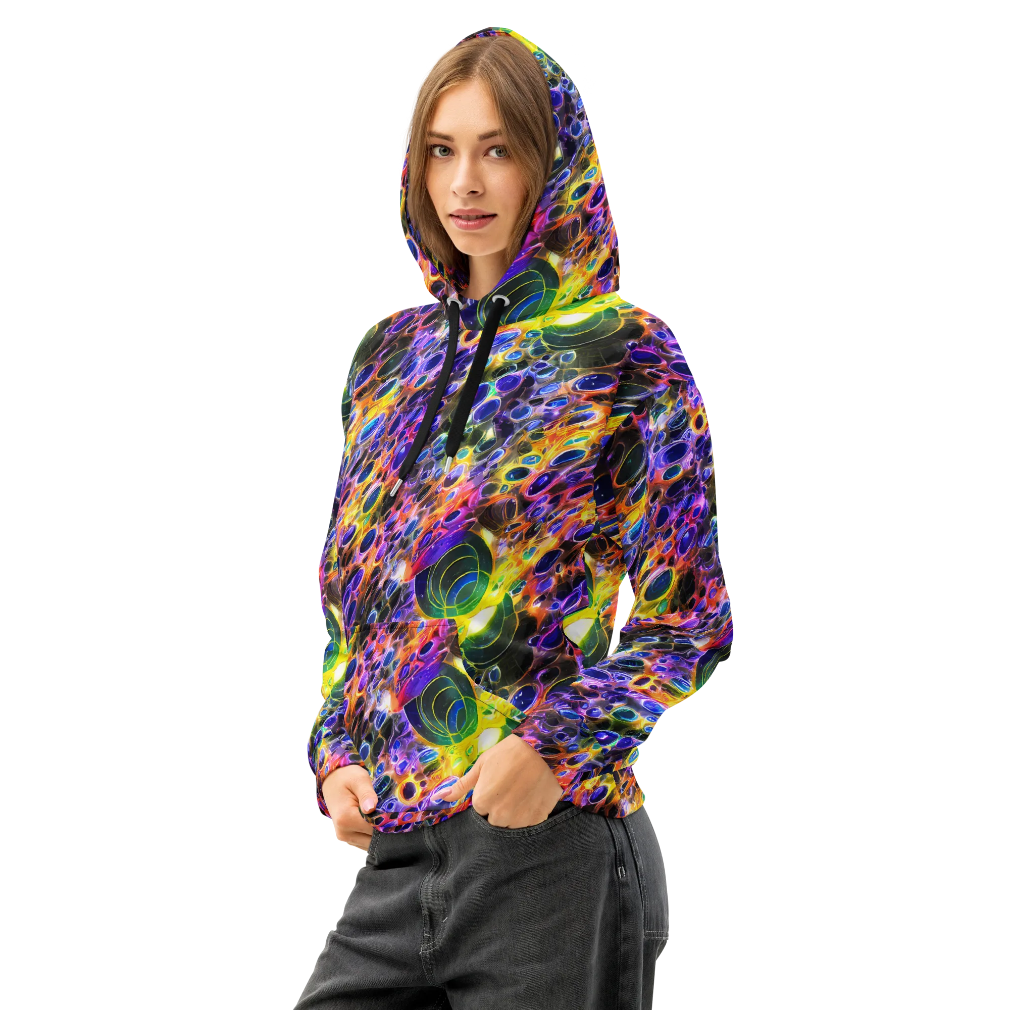 Neon Orbits on Cotton Hoodie — Left Front