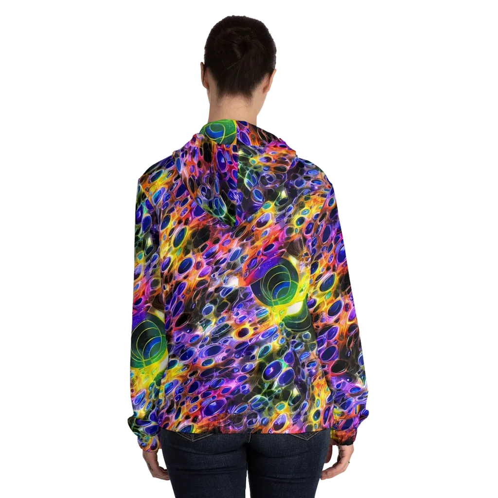 Neon Orbits on Women's Full-Zip Hoodie — Back On Person
