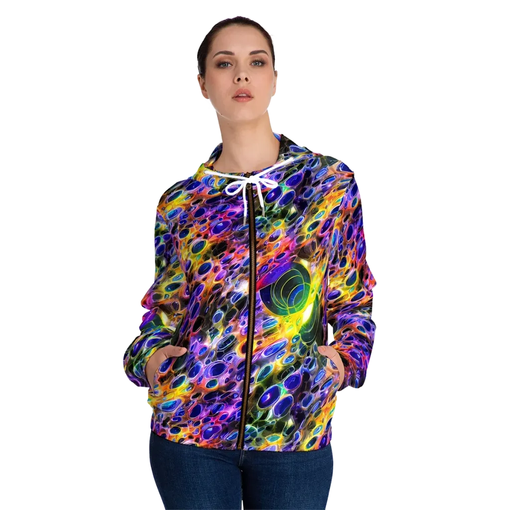 Neon Orbits on Women's Full-Zip Hoodie — Front On Person