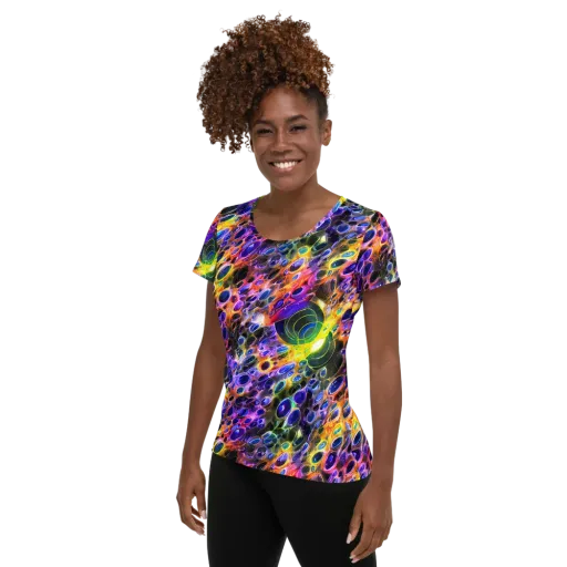 Neon Orbits on a Women's Athletic T-Shirt
