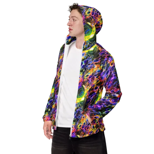 Neon Orbits on a Men's Windbreaker