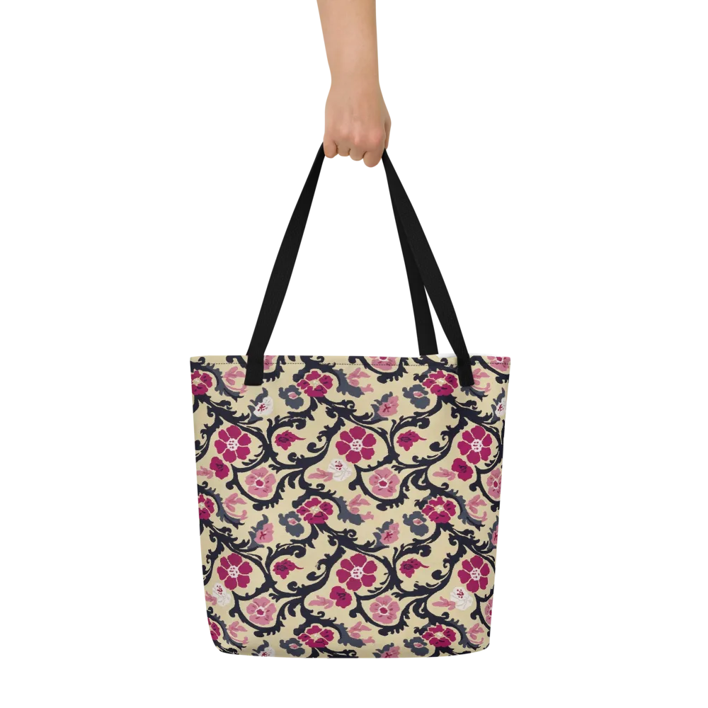 Navy Garden Waltz on Large Tote Bag W/ Pocket — Front