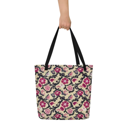 Navy Garden Waltz on a Large Tote Bag W/ Pocket
