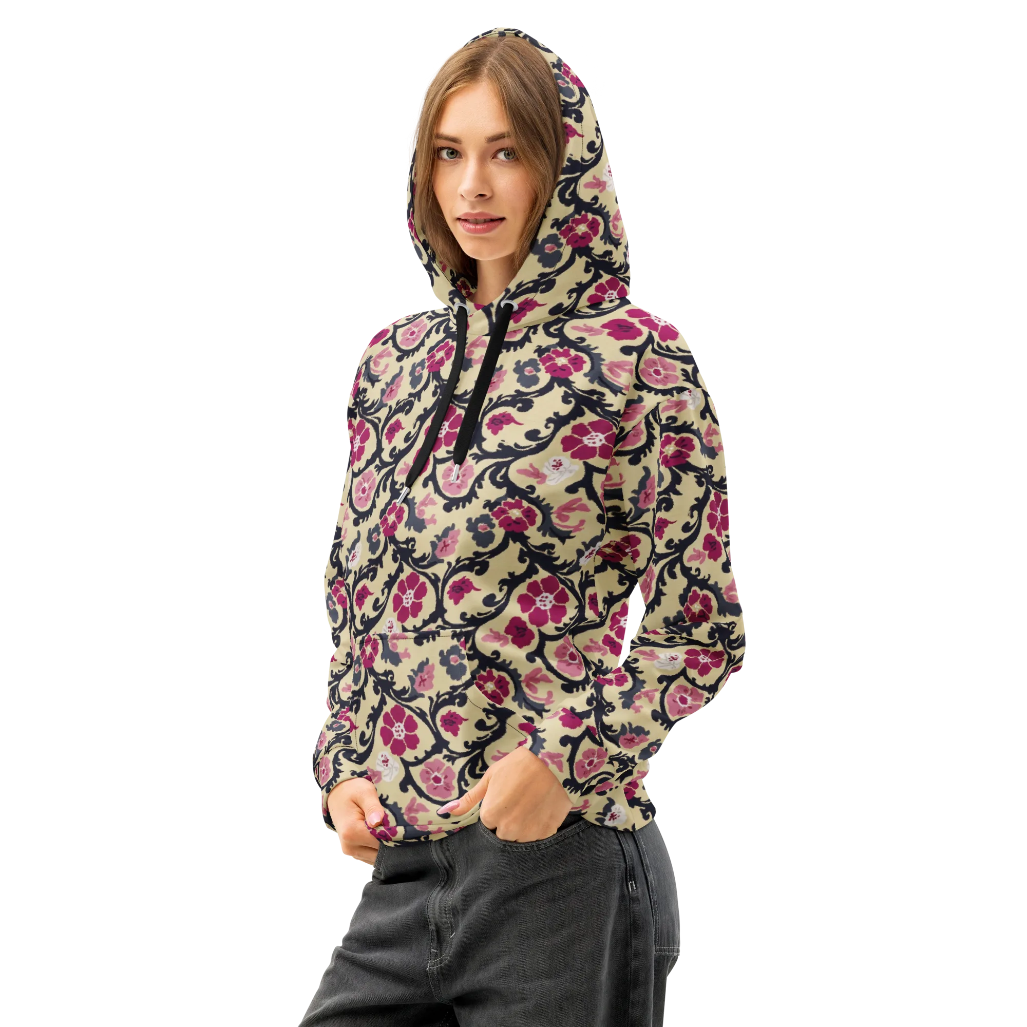 Navy Garden Waltz on Cotton Hoodie — Left Front