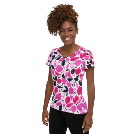 Fuchsia Confetti on a Women's Athletic T-Shirt