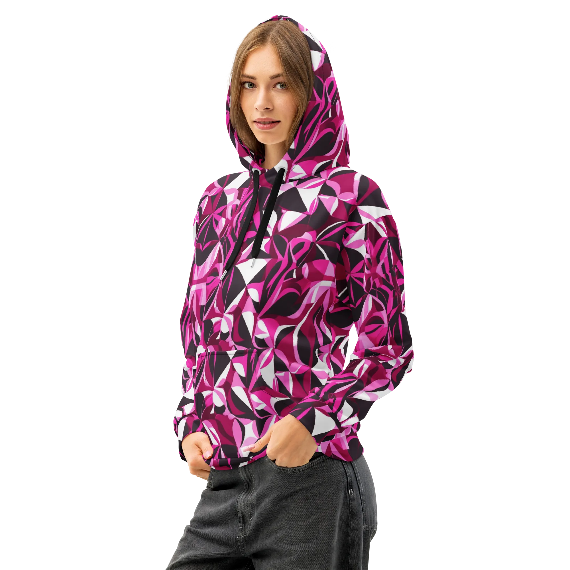 Fuchsia Kaleidoscope on Cotton Hoodie — Left Front