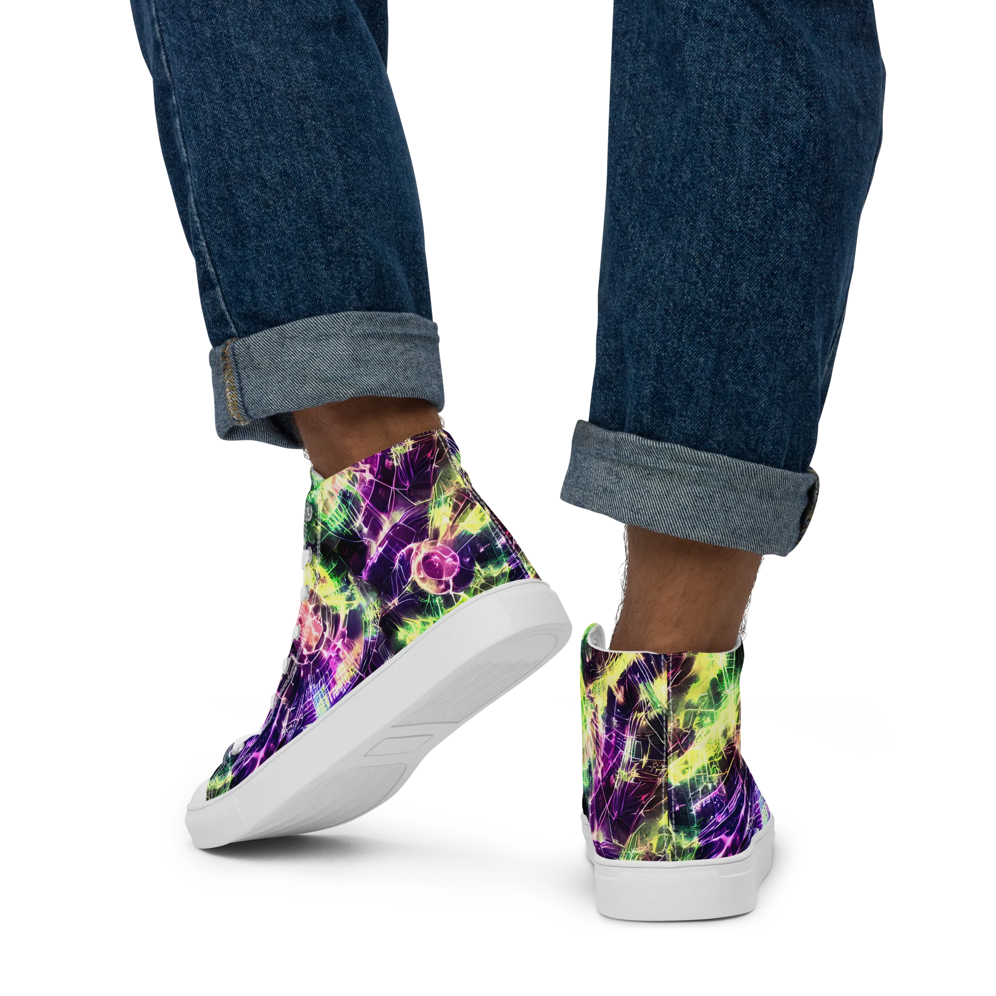 Ultraviolet Collision on Men's High Top Canvas Shoes — Back