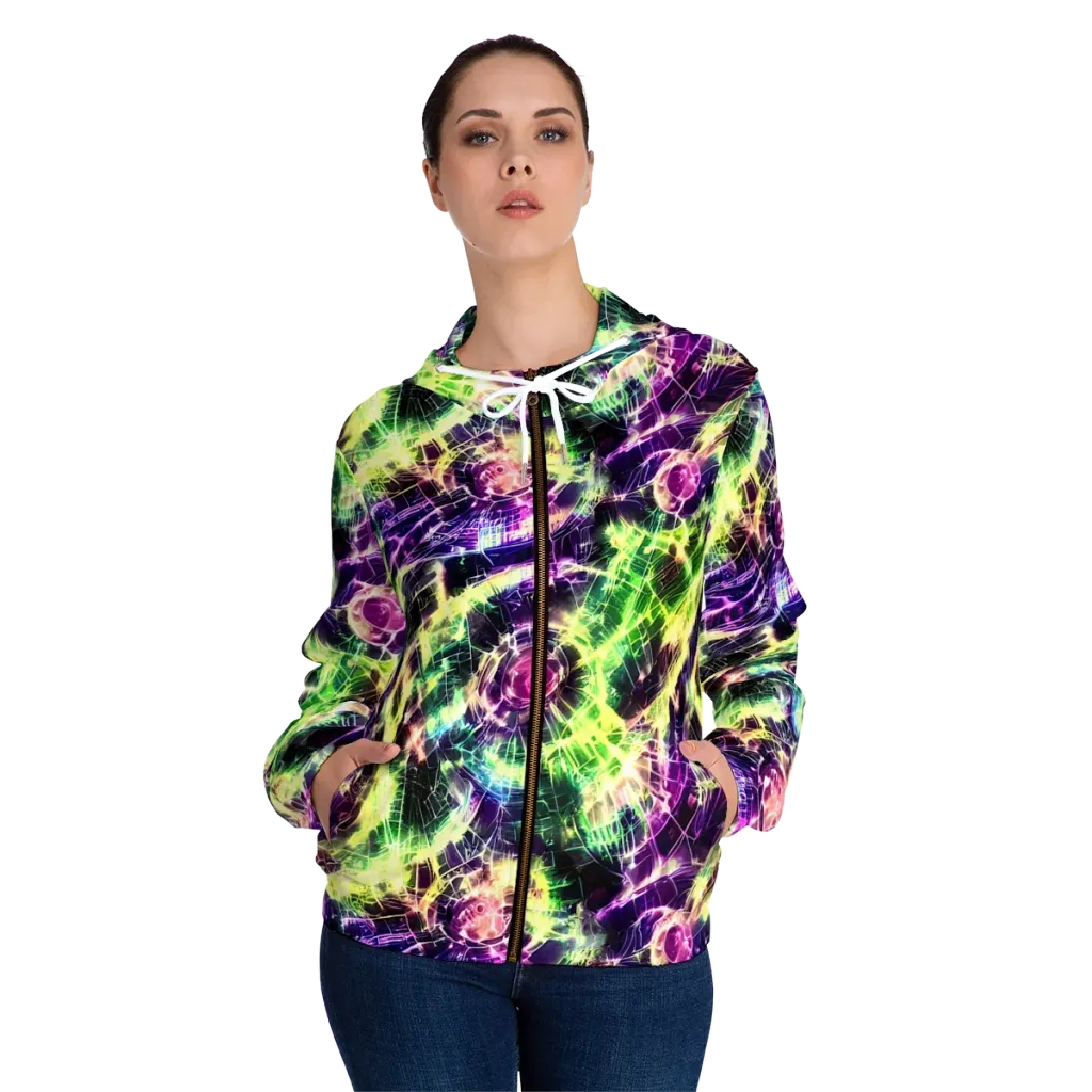 Ultraviolet Collision on Women's Full-Zip Hoodie — Front On Person